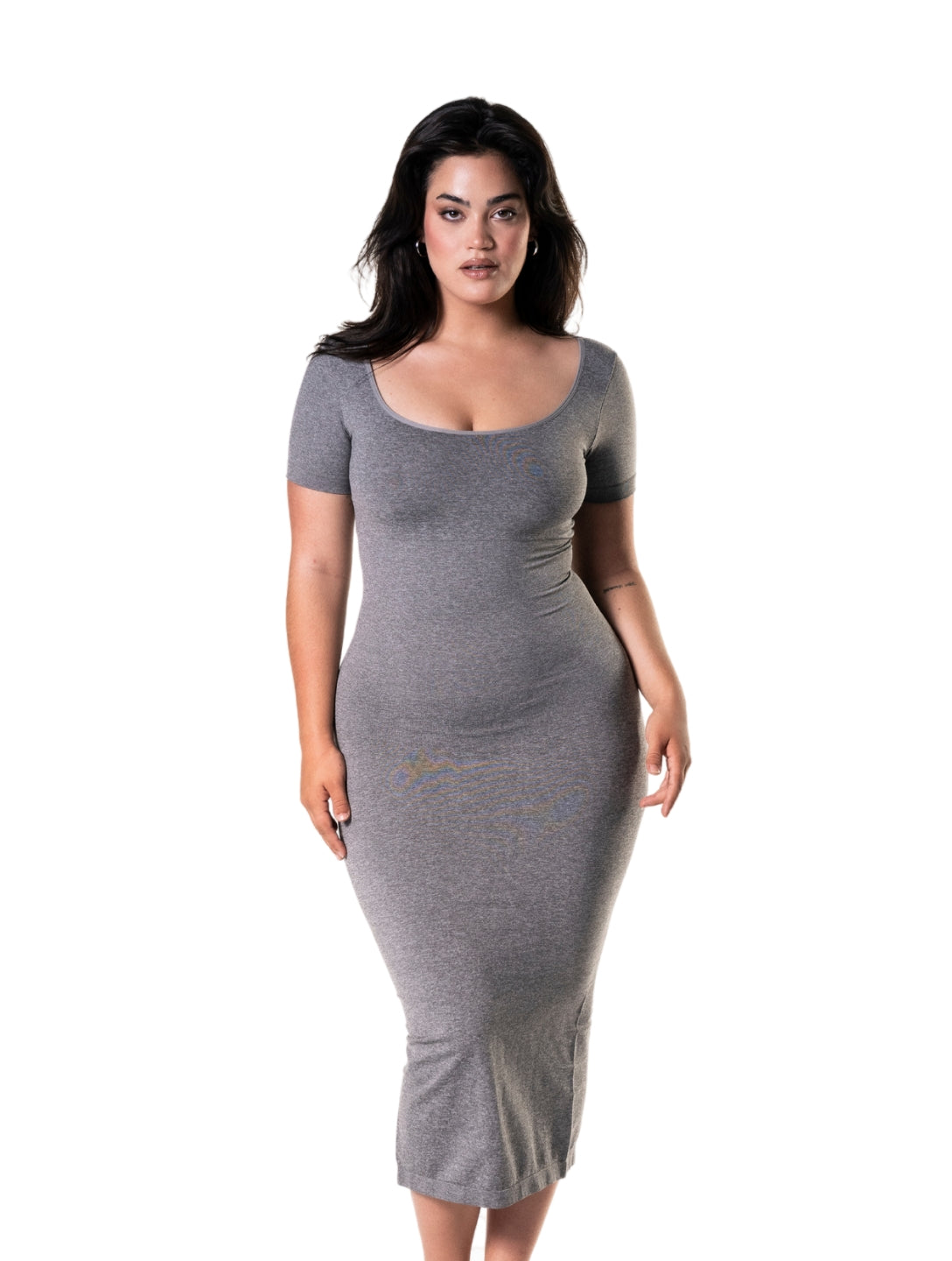 Body Modelador Midi Vestido com Fenda e Mangas Curtas